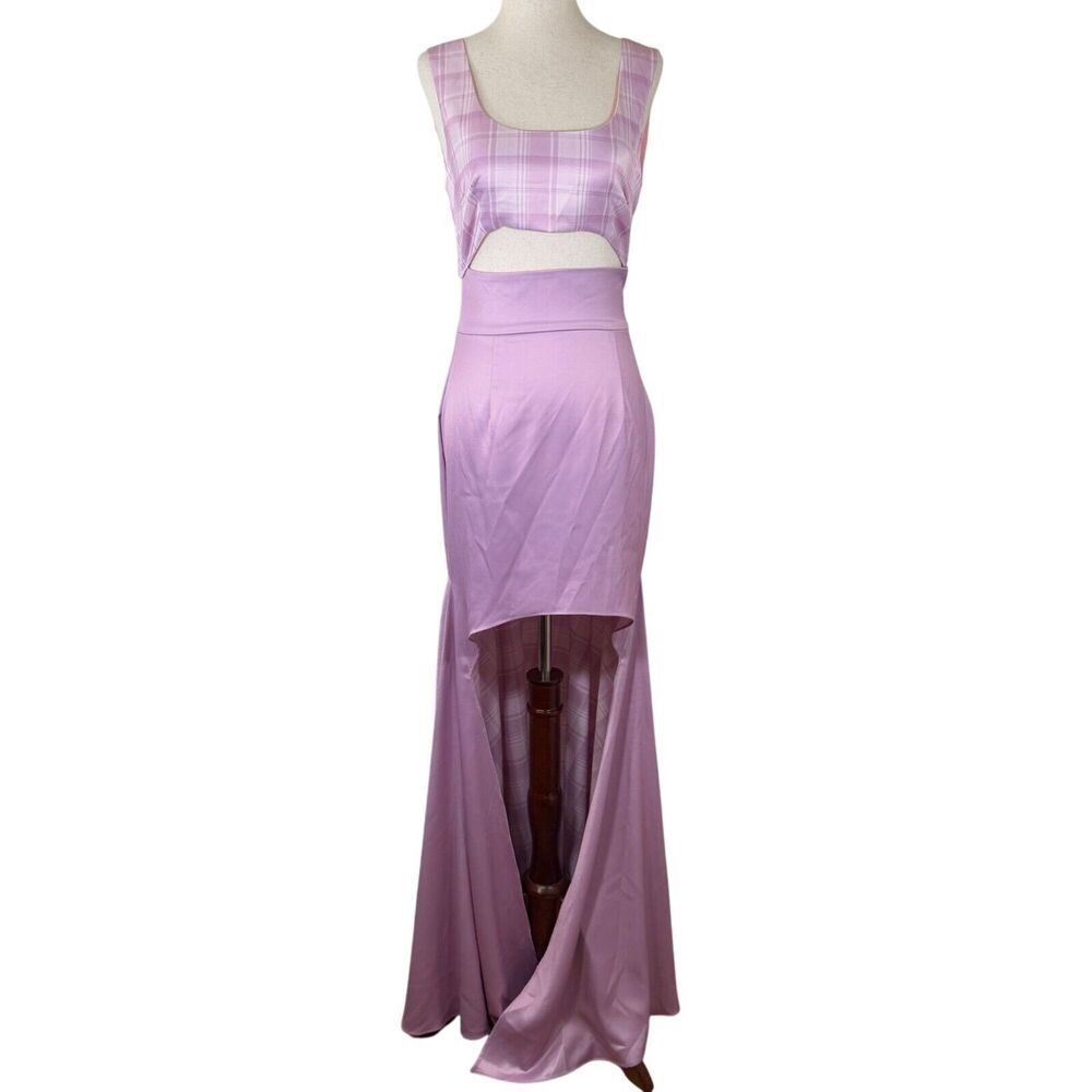 Atoir Sleeveless Lavender Plaid Cutout Maxi Dress High-Low Hem Flared Size 4